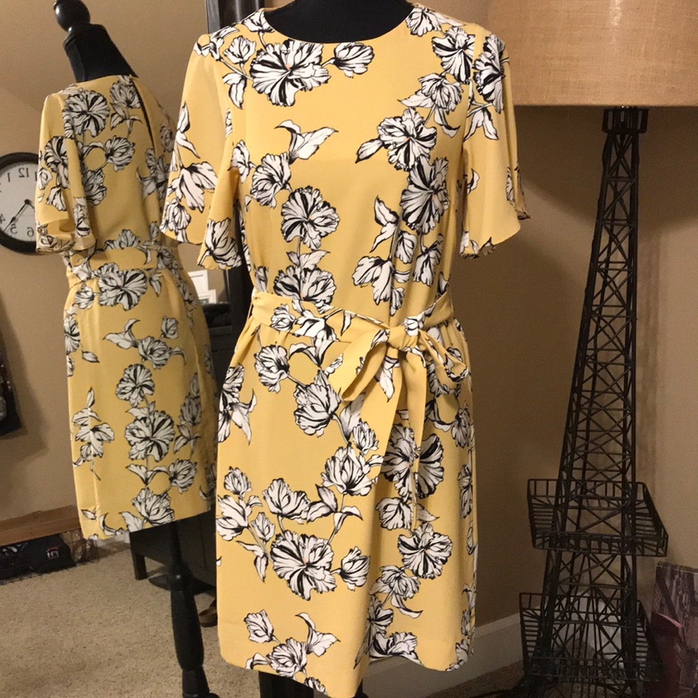 H&M Yellow Floral Midi Dress with Tie Waist